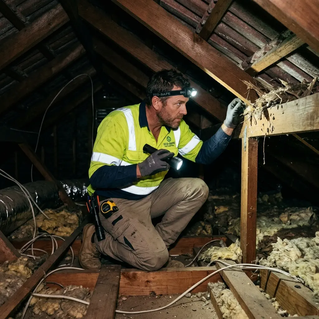 Technician inspecting a roof cavity for a dead animal in Riddells Creek
